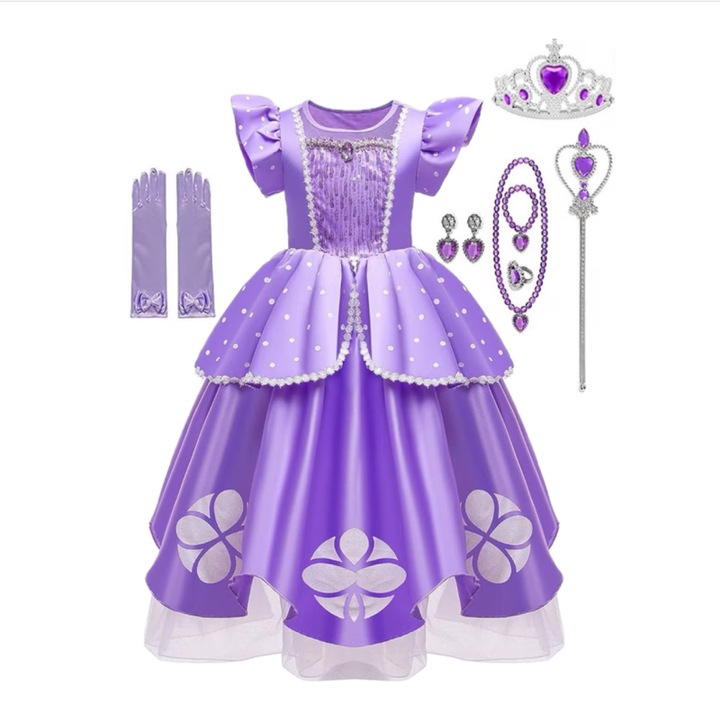 Rochita Printesa Sofia pentru copii, Set cu Coronita si accesorii, ANUTETOUNI®, Tesatura Premium, 3-4 ani, 110 cm, Mov Royal ﻿