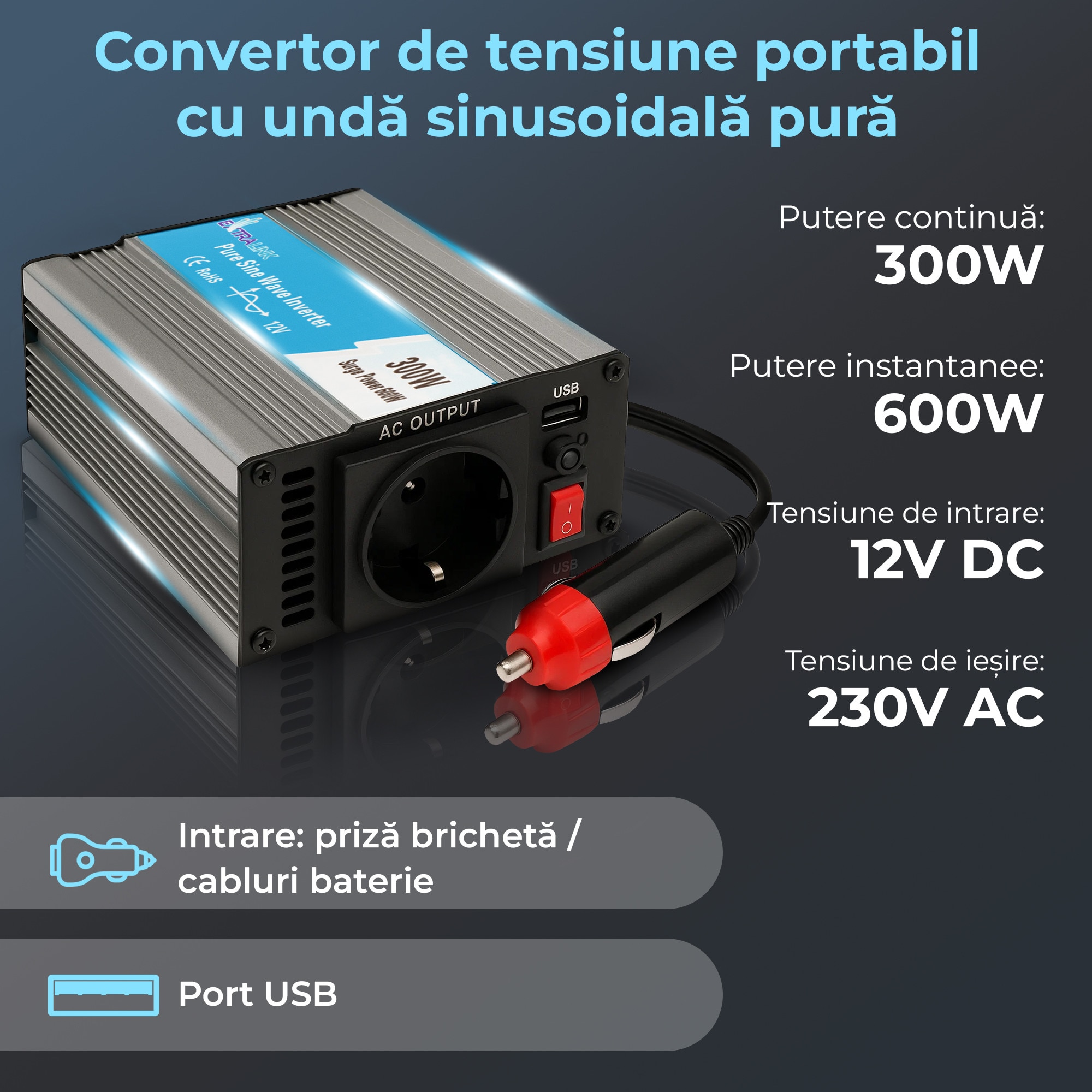 EXTRALINK Convertor de tensiune 12V 230V Invertor 300W Convertor de ...