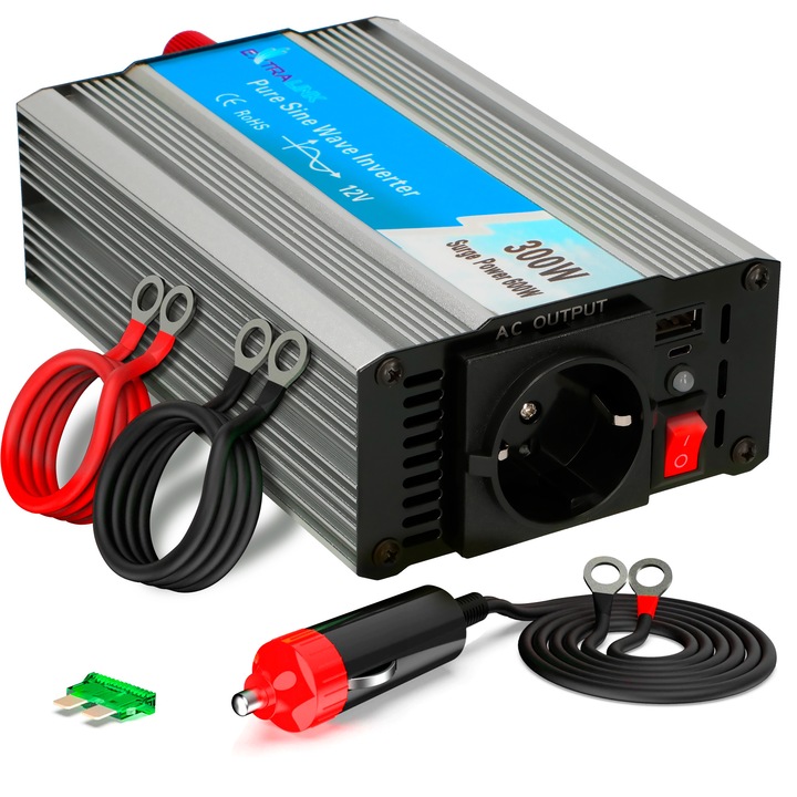 Inverter 12V-ról 230V-ra tiszta szinusz hullám 300W 600W csúcs - feszültség átalakító USB-vel, szivargyújtó csatlakozóval, ventilátorral és 4-szeres védelemmel autóhoz, kempinghez