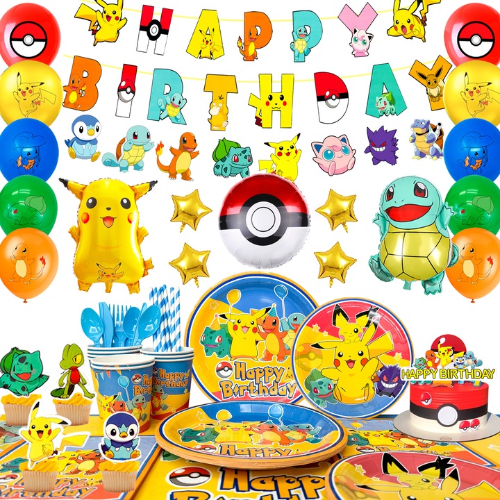 131pcs Set Accesorii Petrecere Pikachu, Vesela Petrecere Pikachu, Decoratiuni pentru Petrecere Pikachu - Decorarea Tortului, Banner, Servetel, Fete de Masa etc