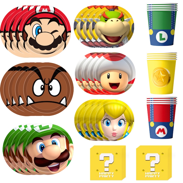 Set 120 piese vesela petrecere si decoratiuni aniversare copii, InBoxxarty, Tema Super Mario, Include Farfurii, Cupe, servetele etc Petrecere Super Mario, ziua de nastere, petreceri de vacanta, pentru 30 Persoane, Multicolor