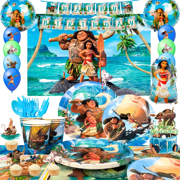 Set accesorii petrecere Moana, InBoxxarty, tema Moana, 115 piese - Farfurii, pahare, servetele, banner. multicolor