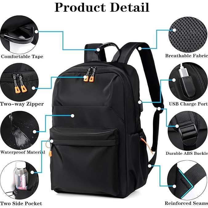 Rucsac laptop JRH, cu port de incarcare USB, Rezistent la apa, 15.6, Negru