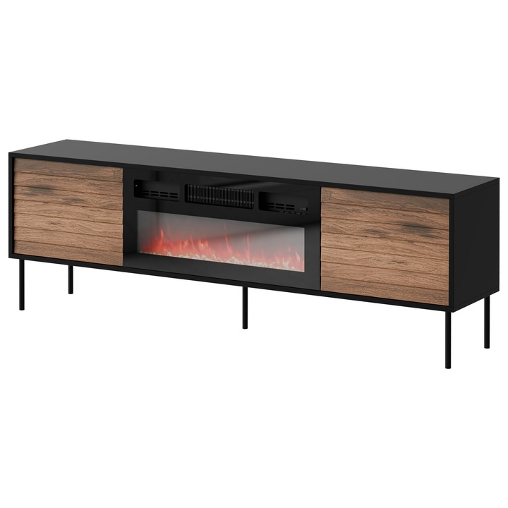 Comoda TV cu semineu Heprano 180, MIRJAN24, negru + nuc warmia, 40x180x60 cm