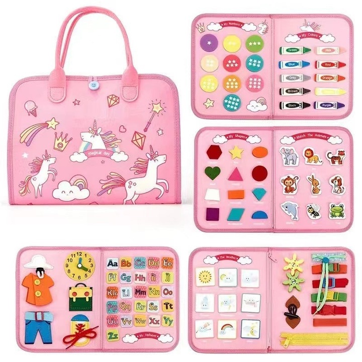 Montessori oktatójáték, textil, szenzoros térkép interaktív elemekkel, 5 oldal, 1-4 év, 14 db, Unikornis modell