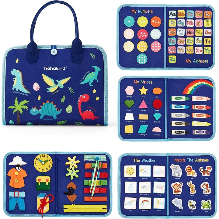 Montessori oktatójáték, textil, szenzoros térkép interaktív elemekkel, 5 oldal, 1-4 év, 14 db, Dinoszaurusz modell