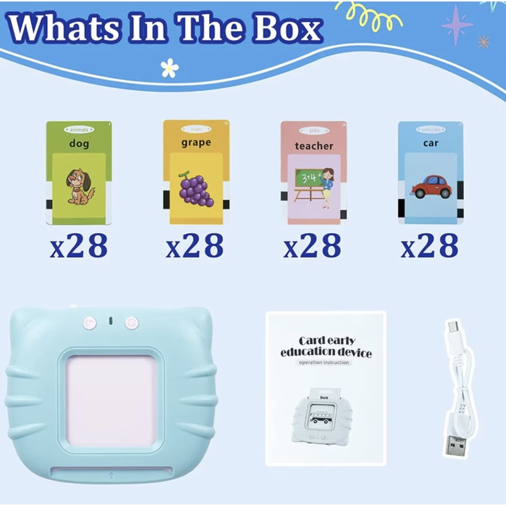 Oktató játék, gyerekeknek, kártyaolvasó tanuló gépkészlet, 112 darabos flash kártyák 224 szóval, 2 év felett, kék