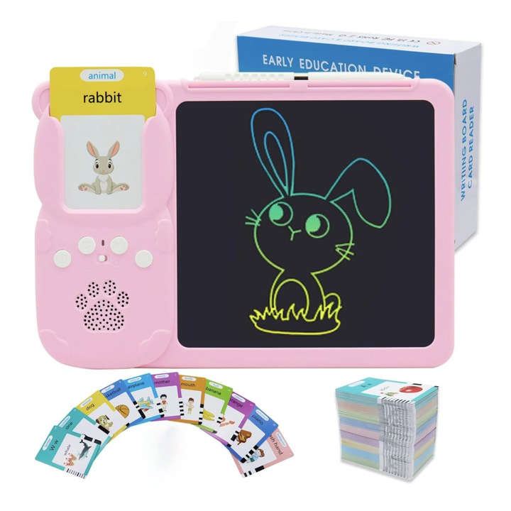 Tableta LCD 2 in 1 pentru copii, interactiva si educationala, scris si desenat, 112 carduri cu 224 cuvinte in limba engleza si redare lor cu sunet, jucarie pentru invatare limba engleza, stilou pentru scris si desenat, Roz