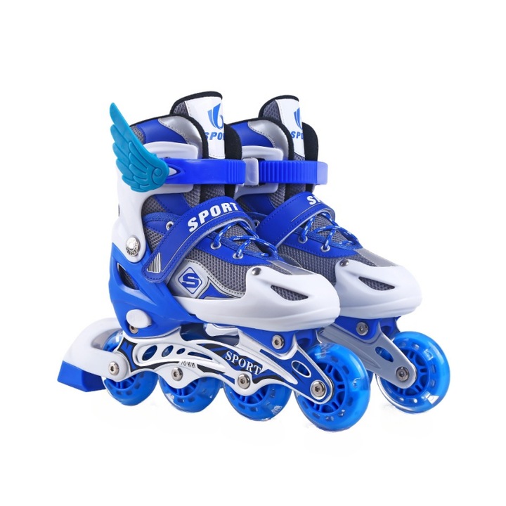 Patine, echipate cu protector pentru casca, elasticitate reglabila, suport din aliaj de aluminiu, design Velcro, frana independenta pe piciorul drept, varf anti-coliziune, captuseala confortabila, albastru, marimea L