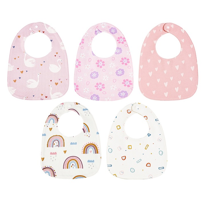 5 db-os pamut baba előke készlet, két méretben, fényerősítő mentes, 27×20 cm, rózsaszín