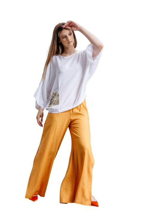 Bluza dama RVL, D3725, cu buzunar din paiete, alba