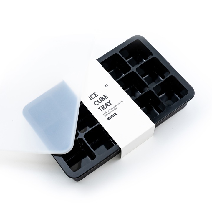 Forme cuburi de gheata, Tava pentru gheata cu capac, Cuburi mari de gheata, Silicon alimentar, 3.5cm×3.5cm 15cuburi, Negru
