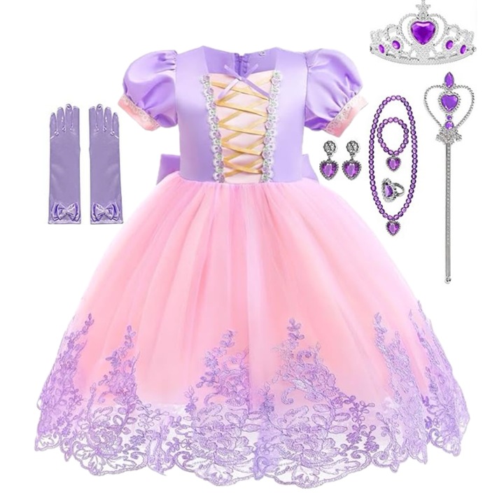 Rochie Printesa Rapunzel pentru fete, Set cu Coronita si Accesorii, EvrikaUnity®, Tesatura premium, 3-4 ani, 110 cm, Roz