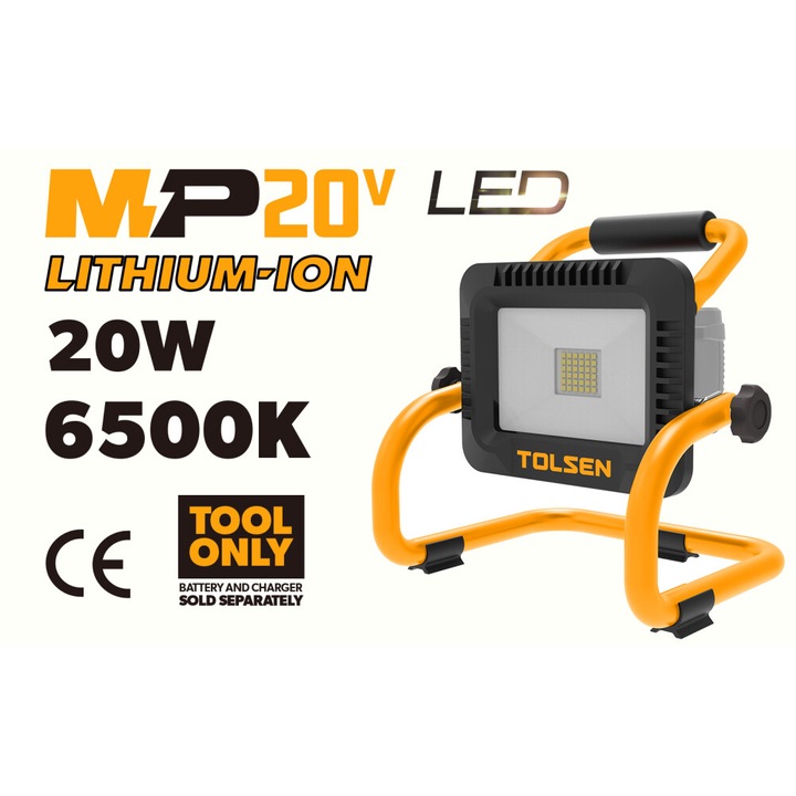 Lampa LED de lucru TOLSEN MP20V, 20W, 2000Lm/1000Lm, 36 LED-uri, 6500K, 3 moduri (2000lm, 1000lm, SOS), design compact, stand pivotant, aprobare CE, fara baterie si incarcator