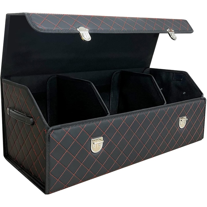 Organizator Portbagaj Auto Premium Elindor® Multifunctional, Impermeabil, Pliabil, Portabil, Geanta 3 Compartimente Depozitare, Inchidere Butoane Metalice, Accesorii Organizare Masina, Ideal pentru Camping, Excursii, Picnicuri, 75x31x29 cm, Negru/Rosu