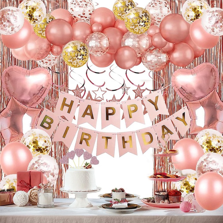 Set de baloane pentru ziua de nastere, BOMSTOM, Folie aluminiu, pentru Petrecerea de Ziua de Nastere Balon Arc pentru Fete, Domnisoare, Doamne, Confetti, Nunta, Baby Shower, Roz auriu-roz, 02