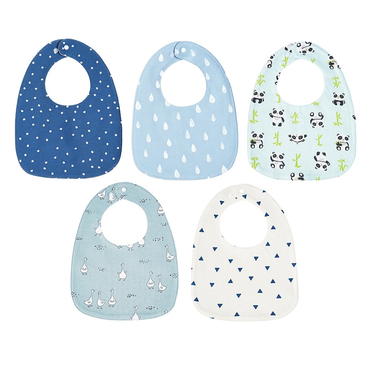 5 db-os Pamut baba előke készlet, két méretben, fényerősítő mentes, 27×20 cm, kék