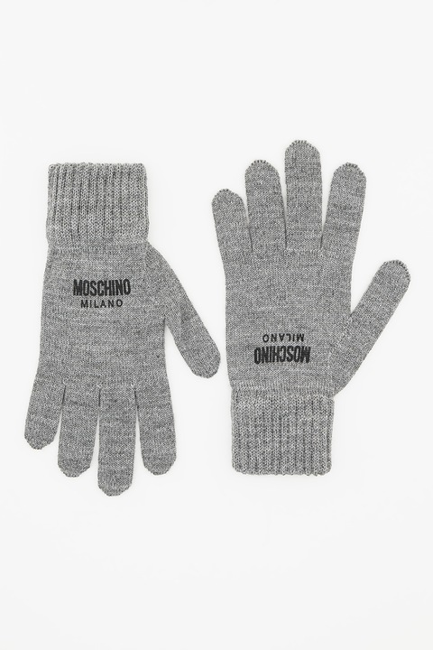 Moschino, Manusi din tricot cu detalii logo, Gri inchis melange, 24.5 CM