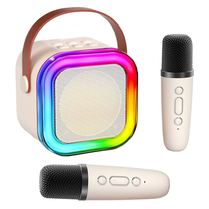 Тонколона за караоке, Bluetooth 5.0, RGB светлини, преносим, USB, microSD карта, Aux, безжичен, с 2 безжични микрофона, за партита, OUYLAF, бял