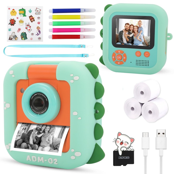 Детска моментна камера WALALLA, печат без мастило, 48MP, 1080P, зелена, 32GB, комплект аксесоари