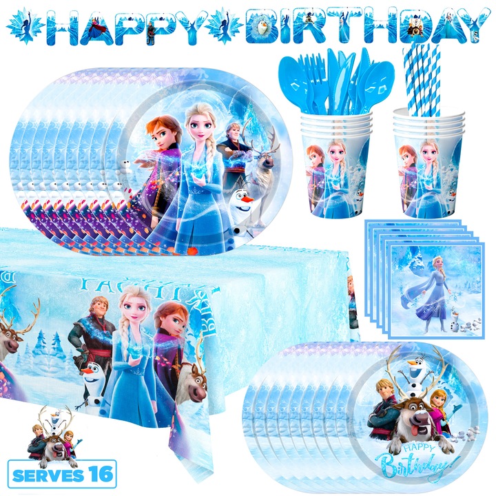 144pcs Set Accesorii Petrecere Frozen, InBoxxarty, Vesela Petrecere Frozen, Include Farfurii, Servetele, Tacamuri, Paie, Fata de Masa, Banner etc Decoratiuni Aniversare Frozen