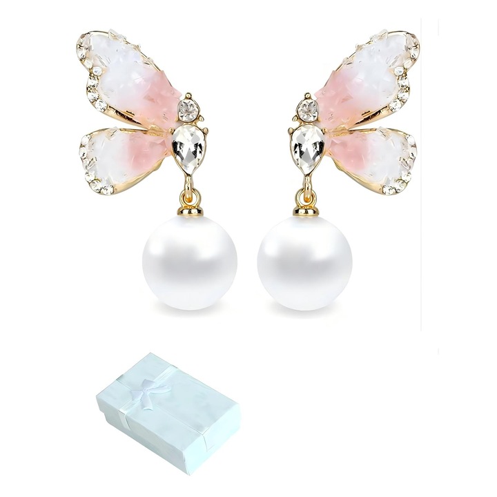 Cercei dama JUDASTAR, stil simplu luxos, fluture cu perla, argint 925, roz, 2.5x5.5cm