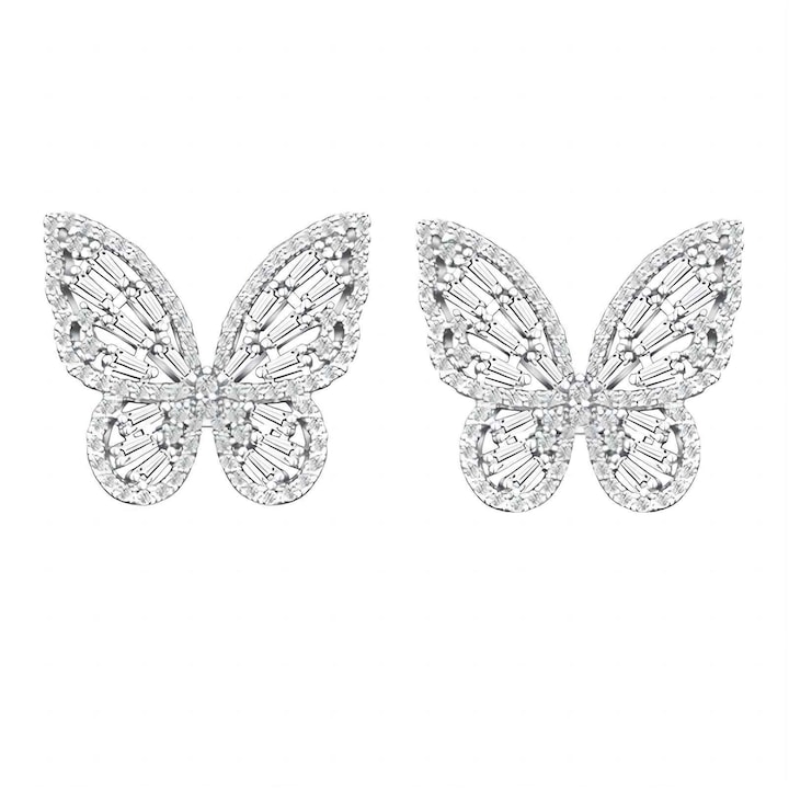 Cercei JUDASTAR, fluture cu zirconiu, argintii, hipoalergenici