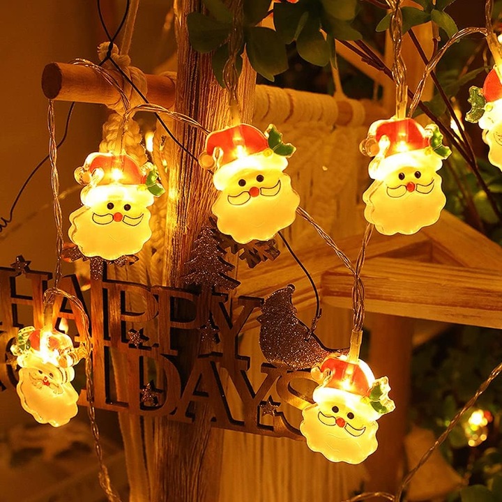 Коледна верига от лампички, водоустойчиви коледни лампички, 20 LED за декорации с тема Дядо Коледа, захранвани с батерии, за вътрешна и външна употреба, топло бяло, дължина 3 м, издръжлив висококачествен материал