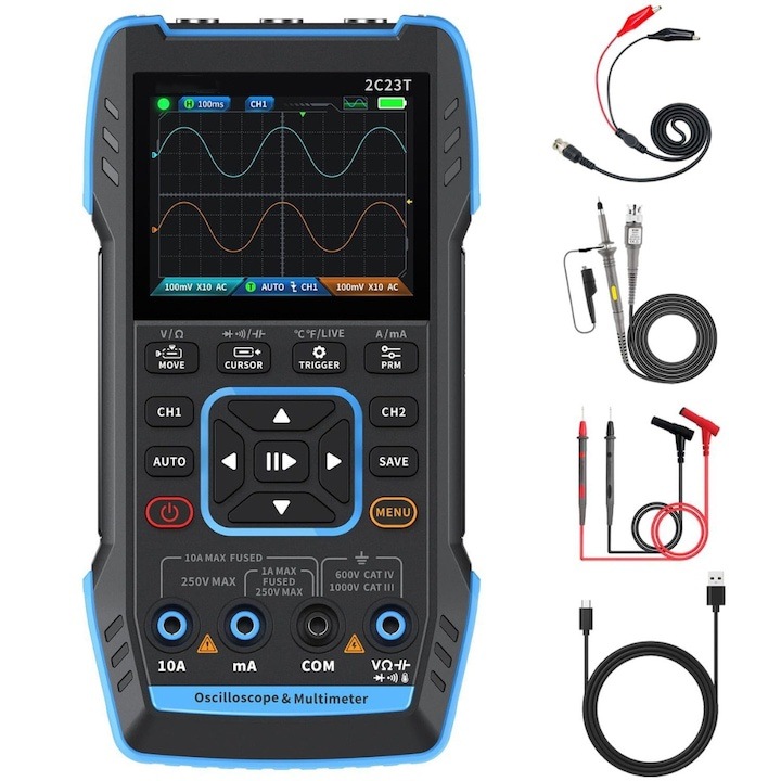 Osciloscop digital profesional, ecran LED, baterie puternica de 3000 mAh, multifunctionala, portabila, cu multimetru si generator de semnal DDS, 2 canale, 50MS/s, 10MHz, Fnirsi 2C23T, hardware FPGA+MCU+ADC, design modern si elegant, WALLLA