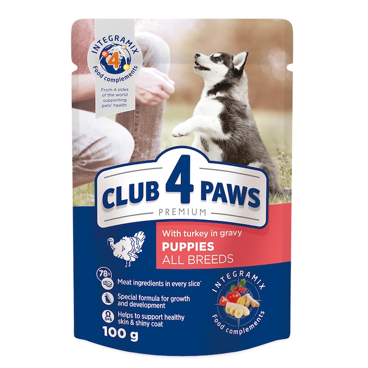 Hrana umeda premium, Club 4 Paws Puppy, Curcan, 100g
