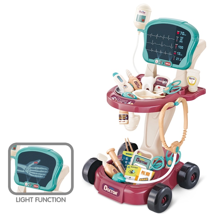 Set De Joaca Doctor KidProtect® KiddoDoc Kit, Cu Carucior, 29 Accesorii, Cu Lumina, Monitor EKG, Roti, Joc de Rol, Interactiva, Stetoscop, Alb