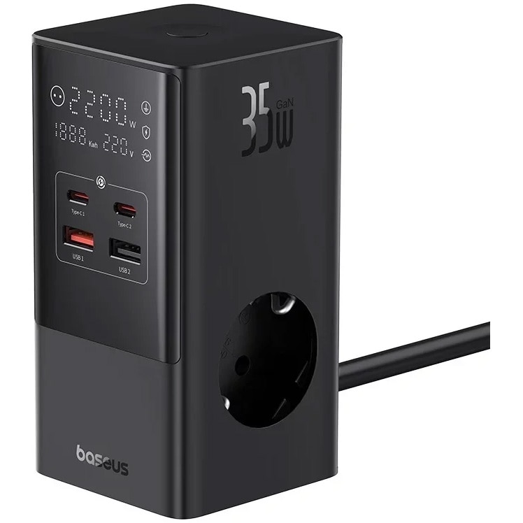 Incarcator de retea Baseus PowerCombo, cu prelungitor, 35W, 3x AC, 2x USB-C, 2x USB-A, 1.5m, Negru