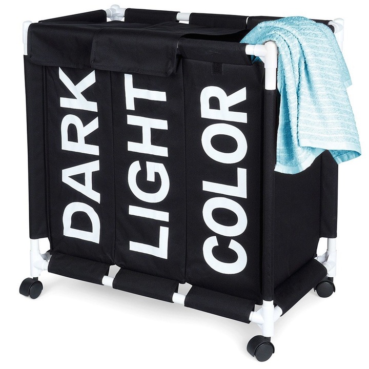 Cos De Rufe, Vilde, Capacitate Mare, Trei Compartimente, Pe Roti, 60.5 x 35 x 65 cm, Alb/Negru