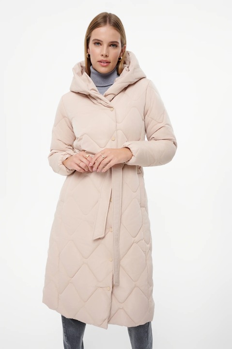 GreenPoint, Geaca matlasata lunga cu gluga si curea, Alb fildes, 44