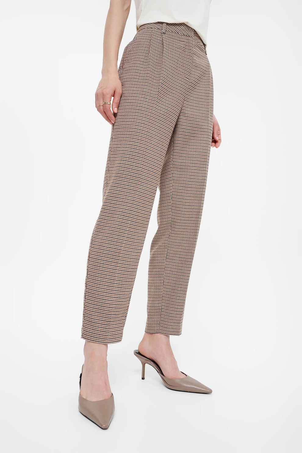 GreenPoint, Pantaloni cu imprimeu houndstooth, Negru, Bej, Maro deschis, 42