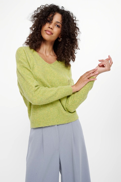 GreenPoint, Pulover cu decolteu in V si maneci cazute, Verde fistic