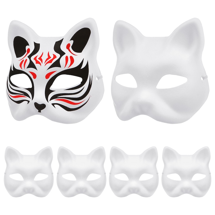 Set 6 bucati Masca Pisica, pentru DIY Pictura, Cu banda elastica,, Halloween, Hartie, Alb