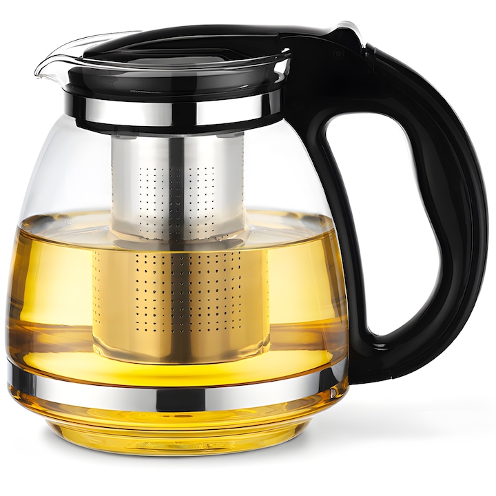Üvegből és rozsdamentes acélból készült teáskanna Retoo Infuserrel, 2L, mérőpohárral, fekete-átlátszó