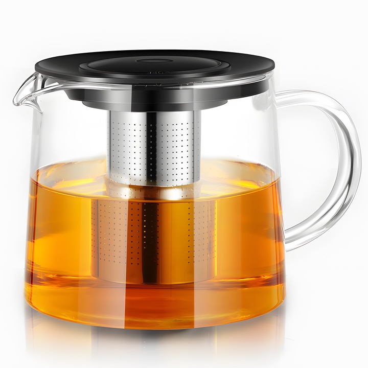Чайник с инфузер Retoo от боросиликатно стъкло и INOX, 1.5L, Черен-Прозрачен