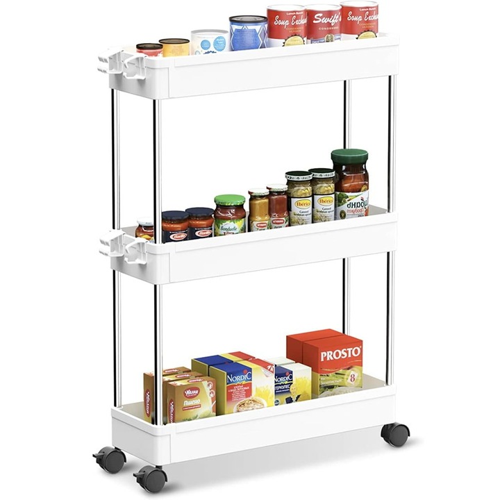 Raft depozitare pentru bucatarie, Quasar & Co.®, cu roti, 3 polite, pentru spatii inguste, dreptunghiular, 40 x 12 x 61 cm, ABS/otel inoxidabil, alb