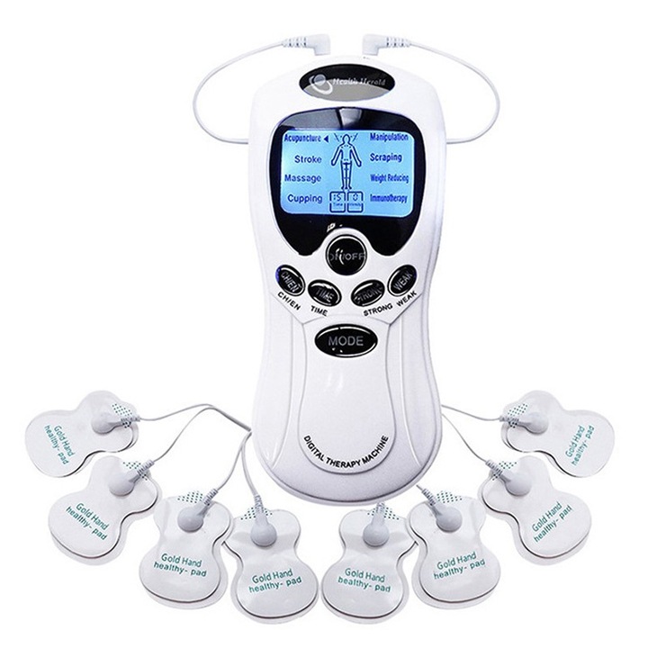 Aparat de Masaj cu Electrostimulare, LXNZUHN, 8 Electrozi, 15 nivele intensitate, pentru Ameliorarea Durerii si Relaxare Musculara, Display Digital, Ideal pentru Diverse Zone ale Corpului, ecran albastru, alb