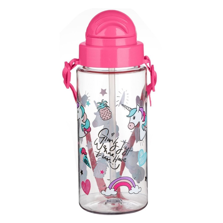 Прозрачна изскачаща бутилка за вода Fuchsia Unicorn 500 мл