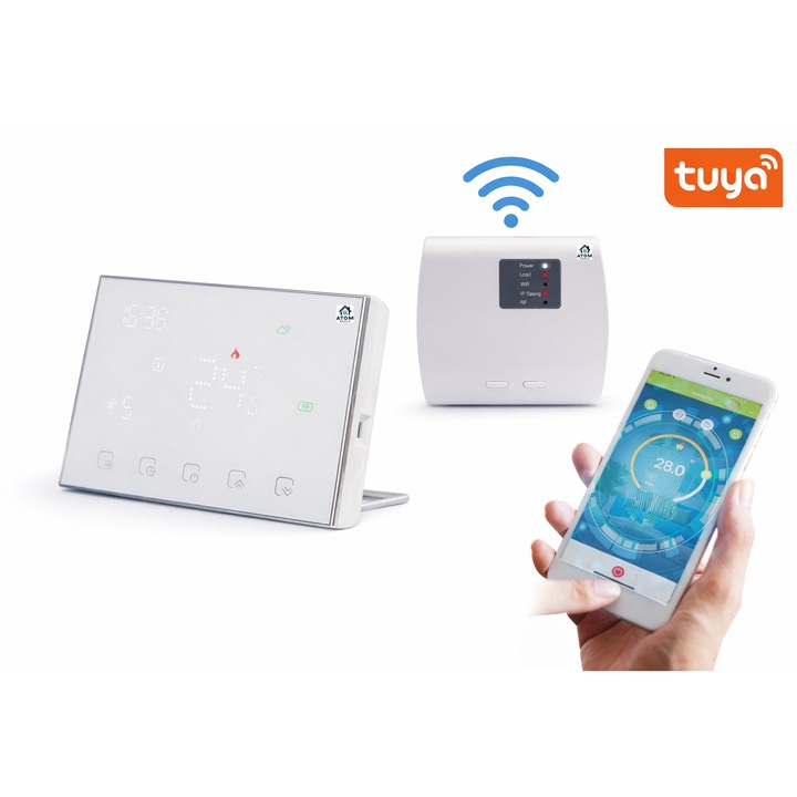 Termostat Smart WiFi ATOM DEALS®️, compatibil cu toate centralele pe gaz, RF Wireless, suport propriu, montaj pe perete, control de la distanta cu aplicatie telefon, Tuya/SmartLife, touchscreen, ecran LED, compatibil iOS/Android, kit complet receiver, alb