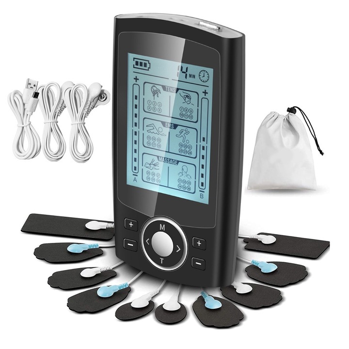 Aparat de Masaj cu Electrostimulare, LXNZUHN, 36 moduri, 20 nivele intensitate, 10 electrozi, afisaj digital, pentru Ameliorarea Durerii si Relaxare Musculara, Display Digital, Ideal pentru Diverse Zone ale Corpului, negru