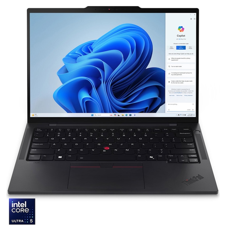 Lenovo ThinkPad T14s Gen 5 laptop, 14", WUXGA, IPS, Intel® Core™ Ultra 5 125U, 16GB, 512GB SSD, Integrated Intel® Graphics, Windows® 11 Pro, Nemzetközi angol billentyűzet, Fekete