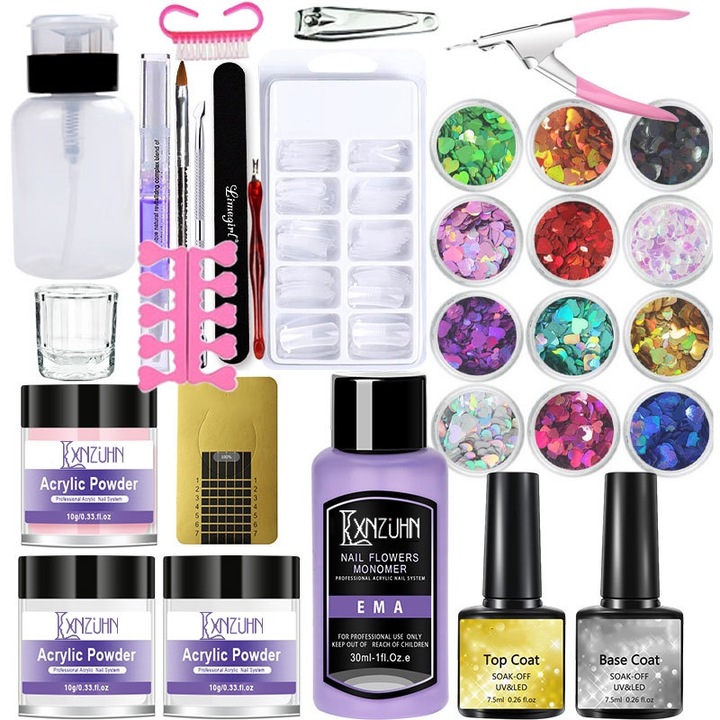 Strukturált zselés körömkészlet, LXNZUHN, 30ml, 10g, glitter 12 szín, 100 körömhegy, 195×105×135mm, 3 szín