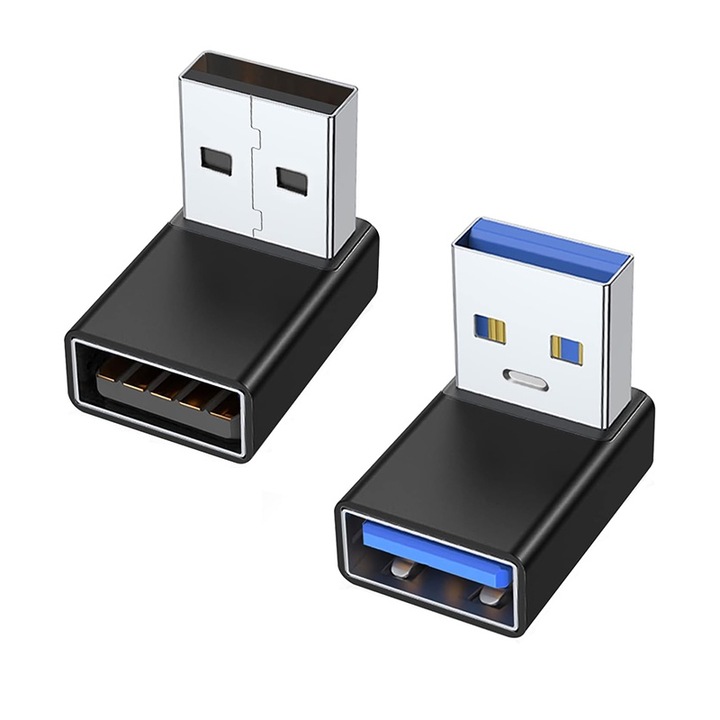 Комплект от 2 адаптера за разширение USB 3.0, Rqiurpn, 90 градусов ъгъл, щепсел тип A към женски щепсел A, бързо зареждане, 5Gbps пренос на данни, включи и пусни, черен