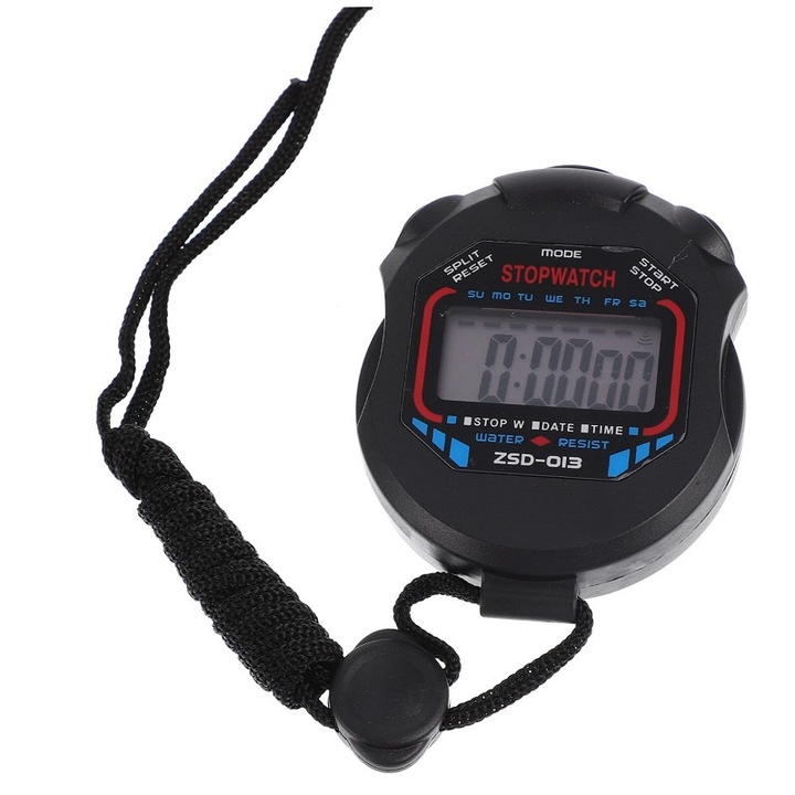 Hordozható digitális stopper iránytűvel, időkijelzővel, naptárral, ébresztő funkcióval, zsinórral, fekete