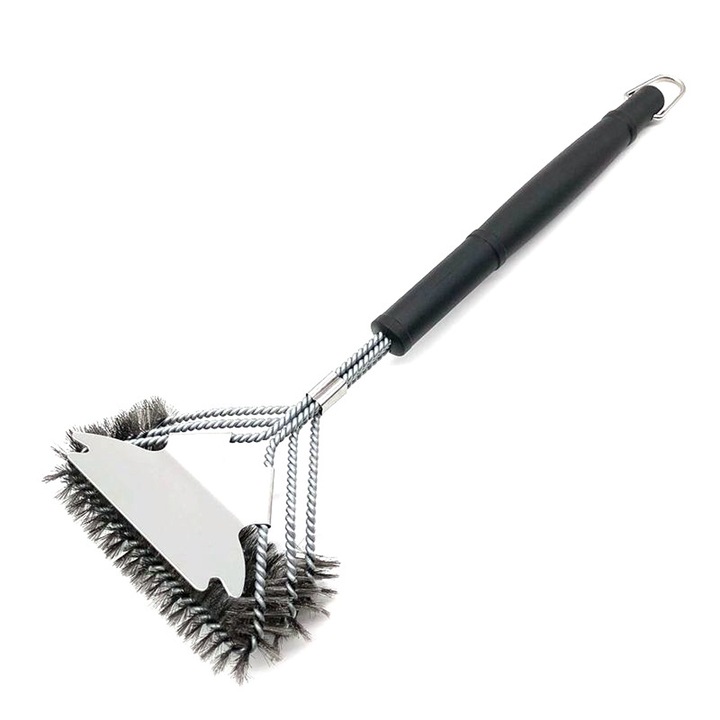 Perie de gratar Enforose, design cu trei spirale, rezistenta la caldura, cu racleta, pentru gratare cu carbune