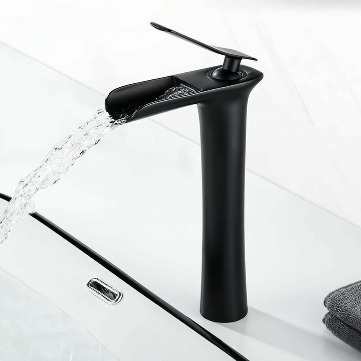 Matt fekete vízesés fürdőszobai csaptelep, Modern magas vízeséses mosdócsaptelep, 235 mm kifolyómagasságú mosdócsaptelep, Sárgaréz fürdőszobai keverőcsaptelep, Hideg és meleg víz is elérhető, G 3/8